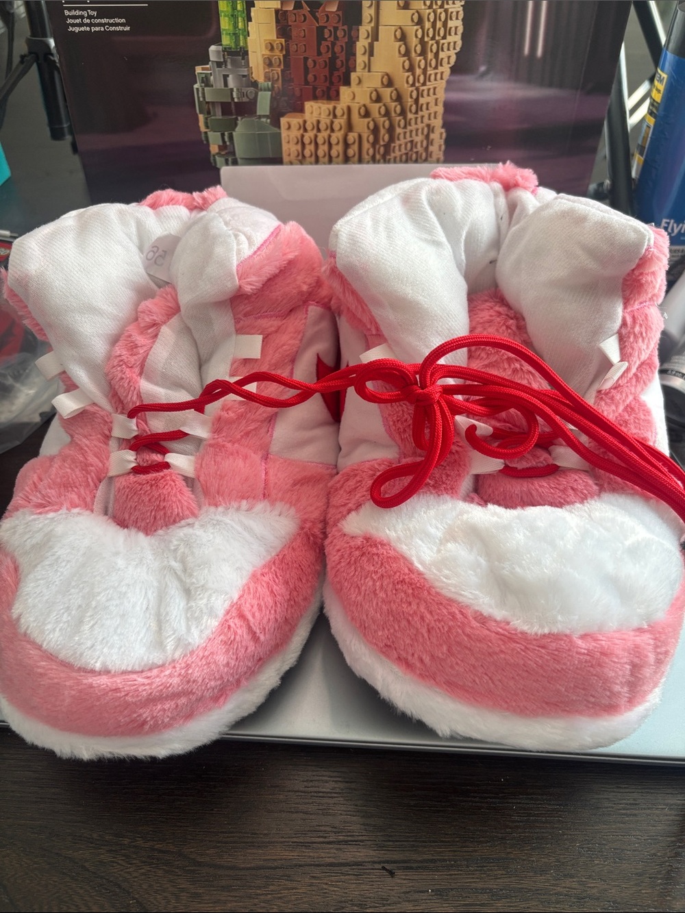 Plush Women's Pink and White Lace-Up Slippers